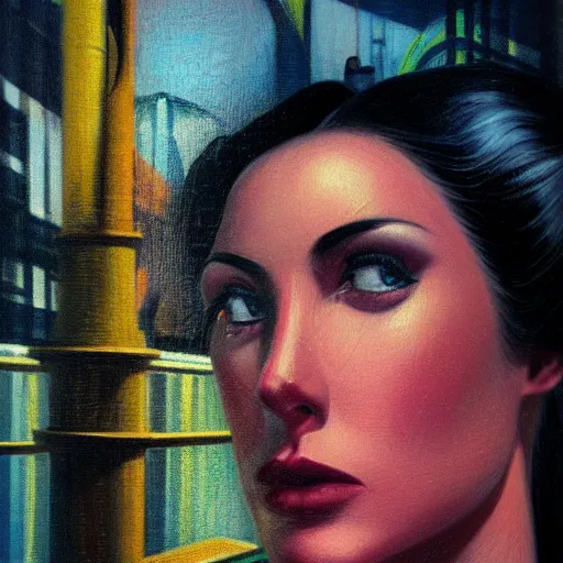 Prompt: detailed face of a woman, clockwork, moment, tectonic sky, skydome, bullet train, turbines, utopian, tech noir, wet reflections, prism, atmospheric, ambient, pj crook, syd mead, livia prima, edward hopper