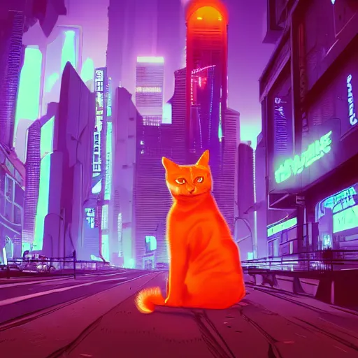 Image similar to Orange tabby cat walks through streets of a cyberpunk city, synthwave, Retrowave, trending on Artstation