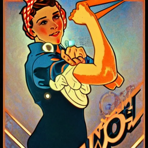 Image similar to a portrait of Rosie the riveter by Alphonse Mucha, art nouveau card, concept art, wlop, trending on artstation, 8k