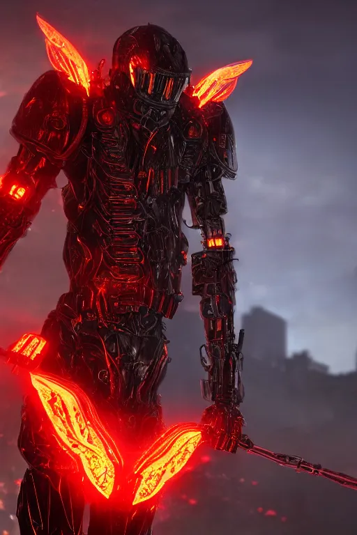 Prompt: Cybernetic Flame Armor, fantasy, photorealistic, glowing eyes, 4k, cinematic lighting, explosive, destroyed cityscape