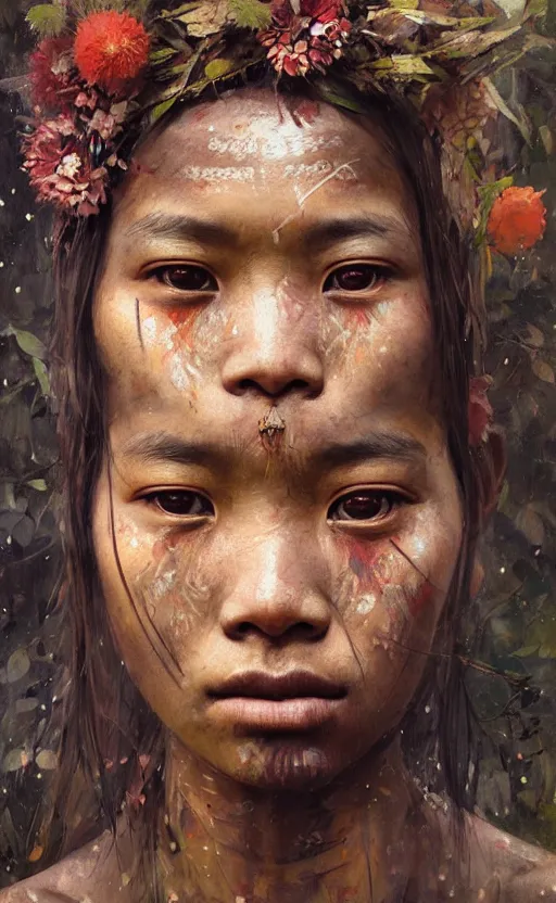 Image similar to detailed portrait of a tribal woman with asian eyes and thick lip forest girl, flowers and trees, by ismail inceoglu dragan bibin hans thoma greg rutkowski alexandros pyromallis nekro rene maritte illustrated, perfect face, fine details, realistic shaded, fine - face, pretty face