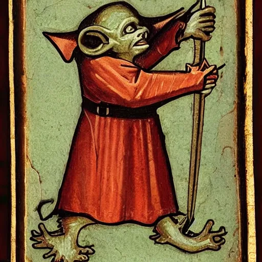 Image similar to medieval portrait of a goblin stabbed by a beautiful sword, simple