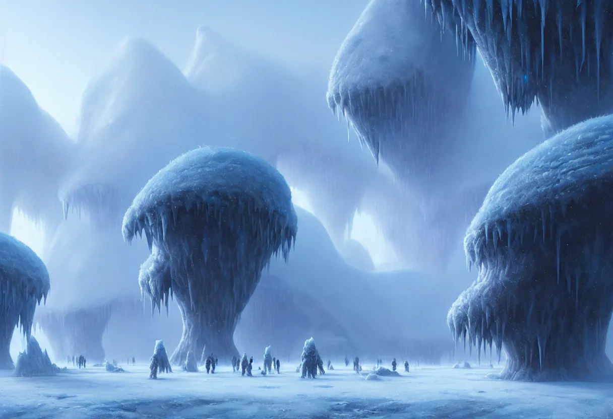 Image similar to ground level view, surface of frozen winter alien planet. morning fog, ultra high definition, ultra detailed, matte painting, by greg rutkowski and ross tran and wlop