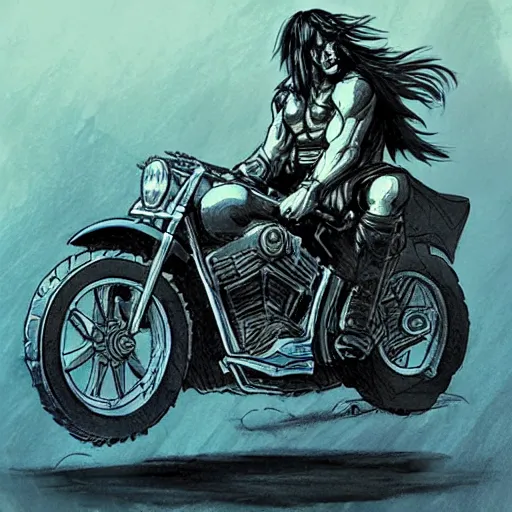 Image similar to concept art conan the barbarian riding a harley davidson
