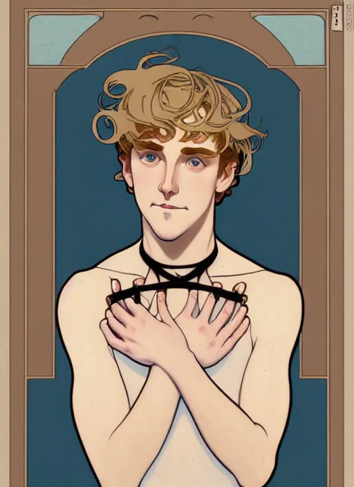 Image similar to art nouveau portrait of a pretty young man with short light brown straw blond hair, light blue eyes, sad expression, scared, head down, shy and demure, wearing a choker collar, natural lighting, path traced, highly detailed, high quality, cartoon, digital painting, by don bluth and ross tran and studio ghibli and alphonse mucha