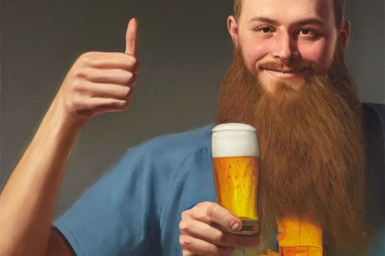 Image similar to a young man holding a beer giving a thumbs up with a long beard, detailed, uncropped, painted by Alex Horley