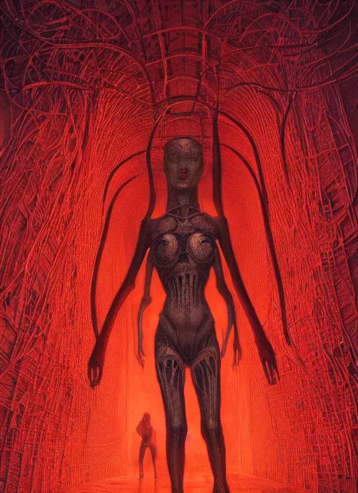 Image similar to Portrait Masterpiece, Woman, in a h.r. giger city, red, glowing, wires everywhere, by Edgar Maxence and Ross Tran, Zdzisław Beksiński, and Michael Whelan, distant, gustav dore, H.R. Giger, 8k, octane render