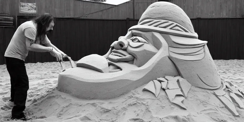 Image similar to masterfully crafted sand sculpture of a lemmy kilmister from motorhead at the playground's sandbox