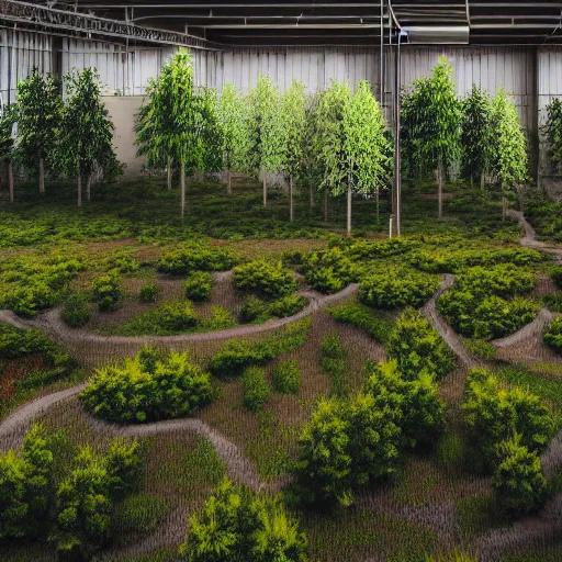 Image similar to beautiful render of a forest growing inside of a bright industrial warehouse