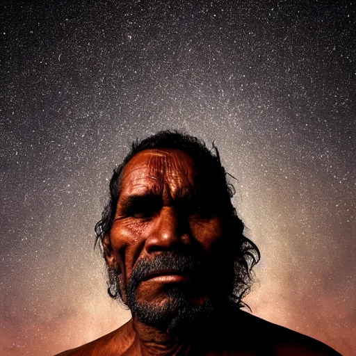 Image similar to aboriginal man at night, portrait, photorealistic, 8k, galaxies in the sky