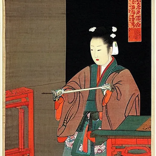 Prompt: the Chinese ancient painting of a lady karaoke in Tang Dynasty , by Han Xizai