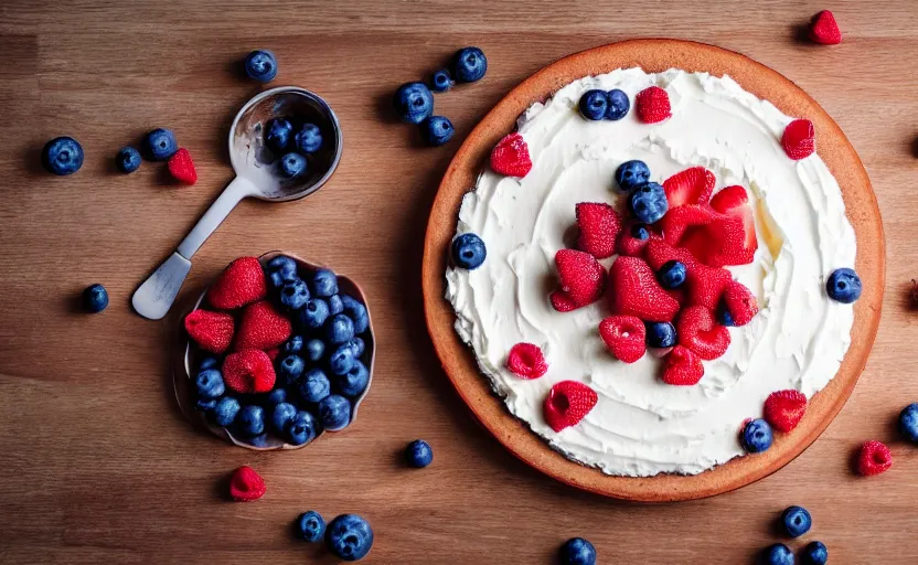 Image similar to A photo of a swedish cake from the side on a wooden table, with cream spread on the sides and strawberries, raspberries and blueberries placed in circles on top. Sunset. 4K. Cinematic lighting. High detail. Realistic. Delicious.