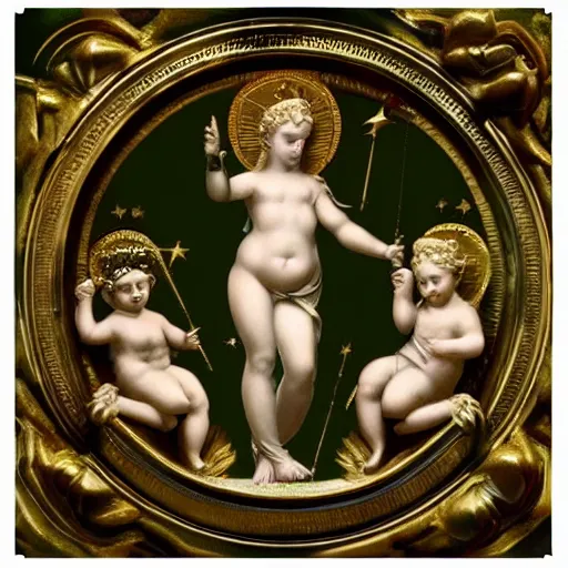 Image similar to Saint Woman, Putti, Venus, Athena, Sistina, baroque, marble and gold, stars, space, sun, deep green, bronze