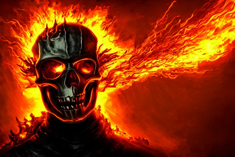 Prompt: Ghost Rider, flaming grim reaper, headshot photo, dark souls concept art, dramatic lighting, highly stylized, high-quality wallpaper, desktopography, trending on artstation