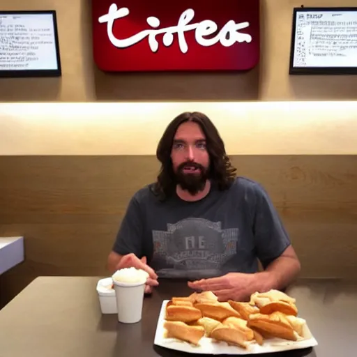 Prompt: jesus eating at chick - fil - a, pixar,