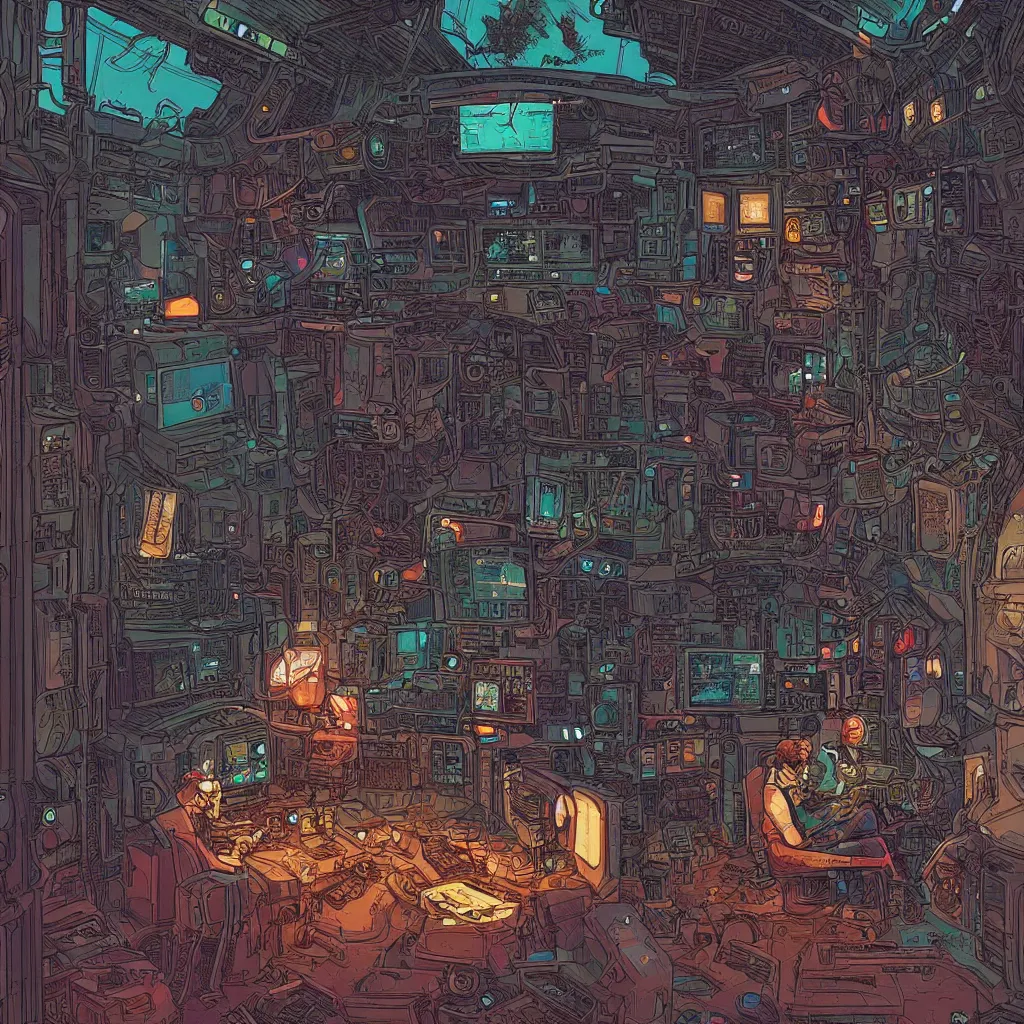 Image similar to Stunningly intricate illustration of a cyberpunk explorer playing video games in his treehouse, highly detailed, midnight, by Laurie Greasley,James Gilleard and Moebius,