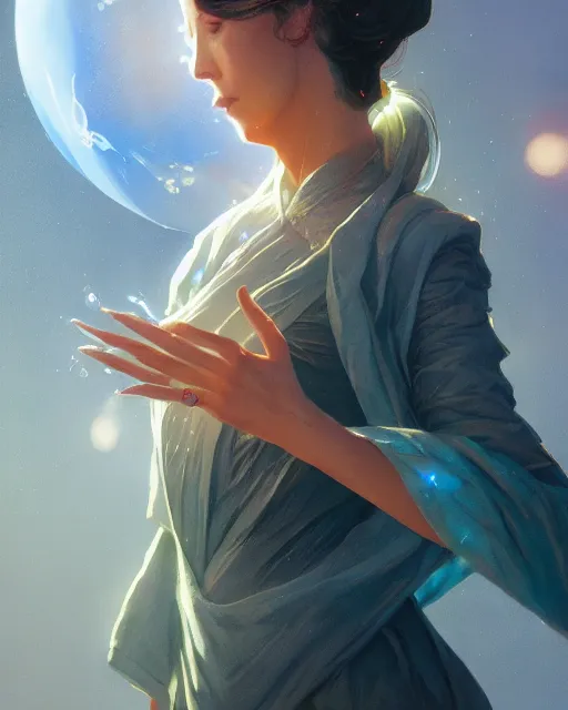 Prompt: highly detailed vfx woman holding a sphere of water in her hands, stephen bliss, unreal engine, greg rutkowski, loish, rhads, beeple, makoto shinkai and lois van baarle, ilya kuvshinov, rossdraws, tom bagshaw, alphonse mucha, global illumination, detailed and intricate environment