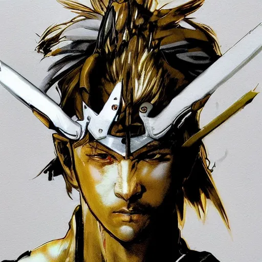 Prompt: portrait of a hero holding his sword in front of his face by yoji shinkawa, high quality, extra details, realism, ornate, colored, golden chain, blood, white skin, short hair, brown eyes, vivid, sunlight, dynamic, american man, freedom, white american soldier, painting, half and half, half painted half black and white