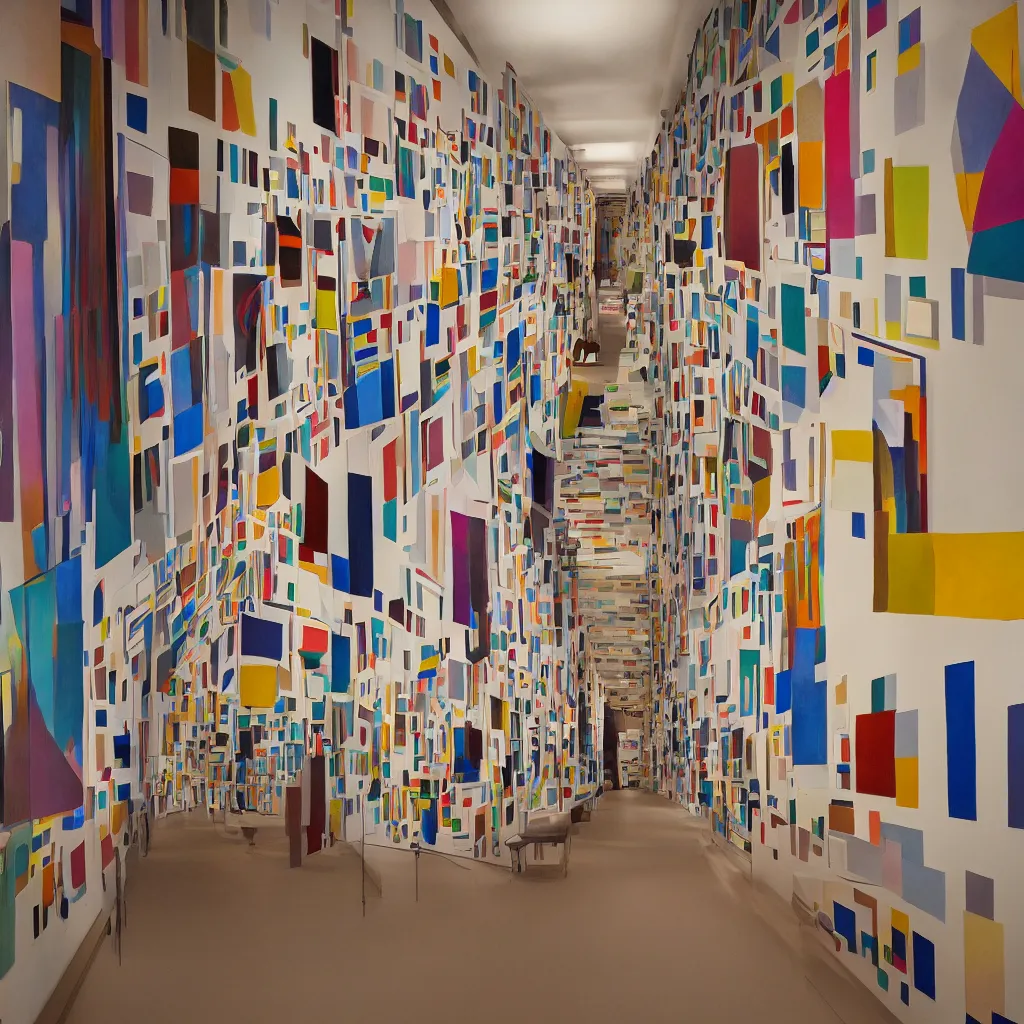 Prompt: photograph of a corridor in an kandinsky exhibition, lots of paintings on the walls, perspective, award - winning