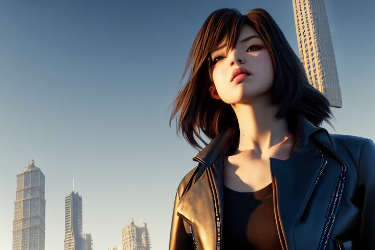 Image similar to extremely beautiful aesthetic girl with leather jacket in the urban city, occlusion shadow, specular reflection, rim light, unreal engine, octane render, artgerm, artstation, art by hiroaki samura and jiro matsumoto and yusuke murata, high quality, intricate detailed 8 k, beautiful shape of face and body, sunny day