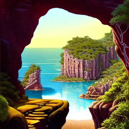 Image similar to Fantasy illustration by Clyde Caldwell You step to the edge of the rocky opening and peer over. You see a tranquil pool of water and a sandy beach 20 feet below. The opening’s bottom leads to a cave, its verdant flora a stark contrast to the rocky sides. You hear chirruping animals sounds emanating from the opening.