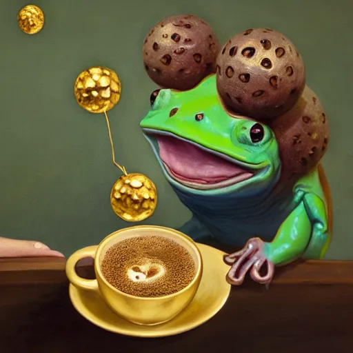 Image similar to a cute frog throws golden metal balls into a cup of coffee, by esao andrews, by m. w. kaluta, volumetric light, rich colors, very humorous oil painting, realistic reflections, smooth, concept art, depth perception, high depth of field, 4 k, unreal engine 5, ultradetailed, hyperrealistic, artstation