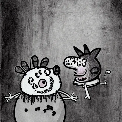 Prompt: Peppa Pig in Stephen Gammell style, evil, high detail, monochrome, Scary Stories