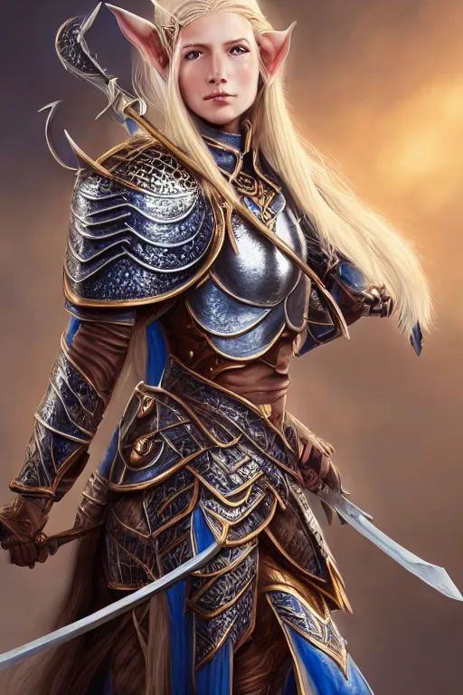 Image similar to highly detailed full body portrait painting of a proud young female elven knight in the style of Warhammer Fantasy by Artgerm and Arian Mark, medium length blonde hair, blue eyes, sapphire earrings, no helmet, low angle shot, highly detailed, trending on artstation, cgsociety, 4k, 8k, HDR, octane render, unreal engine