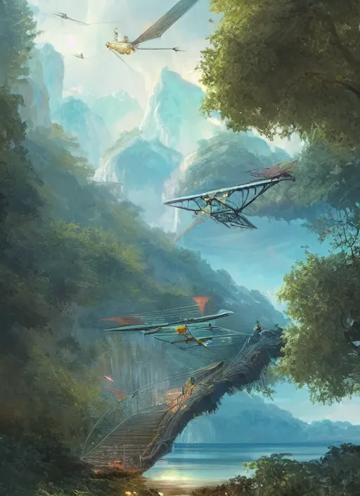 Prompt: A beautiful digital painting of an ornithopter landing platform, crystal lake, lovely valley by Stanley Artgerm Lau, Rossdraws, James Jean, gerald brom, Andrei Riabovitchev, Marc Simonetti, and Sakimichan, trending on artstation