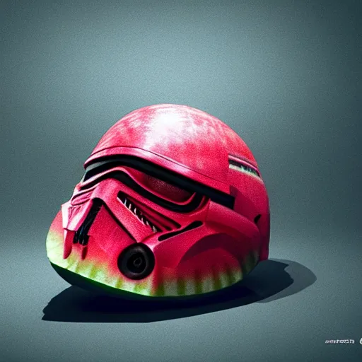 Prompt: wide shot, intricate hyper detailed ultra sharp, watermelon carving, watermelon shaped as star wars stormtrooper helmet, material is!!! watermelon!!!, sharp focus, global illumination, oil painting, museum, masterpiece, vermeer, radiant light, alexandre ferra, irakli nadar, octane render, unreal engine, 4 k, ultra hd,