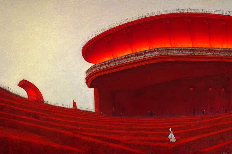 Image similar to only with red, a red great emperor, taormina amphitheatre, expressive crowd hails him, in the style of beksinski, parts by edward hopper, parts by rodcenko, parts by yue minjun, intricate and epic composition, red by caravaggio, insanely quality, highly detailed, masterpiece, red light, artstation, 4 k