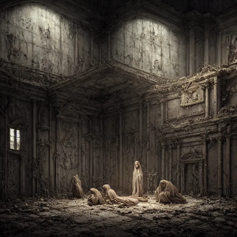 Prompt: ribbed abandoned Nativity of Jesus scene, baroque painting, standing in a desolate empty wasteland, creepy, nightmare, dream-like heavy atmosphere, surreal abandoned buildings, beautiful detailed intricate insanely detailed octane render trending on Artstation, 8K artistic photography, photorealistic, chiaroscuro, Raphael, Caravaggio, Beksinski, Giger