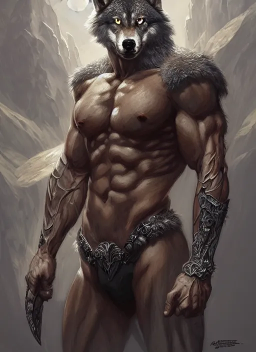 Prompt: portrait of aggressive wolf humanoid, d & d, muscular! fantasy, intricate, elegant, highly detailed, digital painting, artstation, concept art, smooth, sharp focus, illustration, art by artgerm and greg rutkowski and alphonse mucha