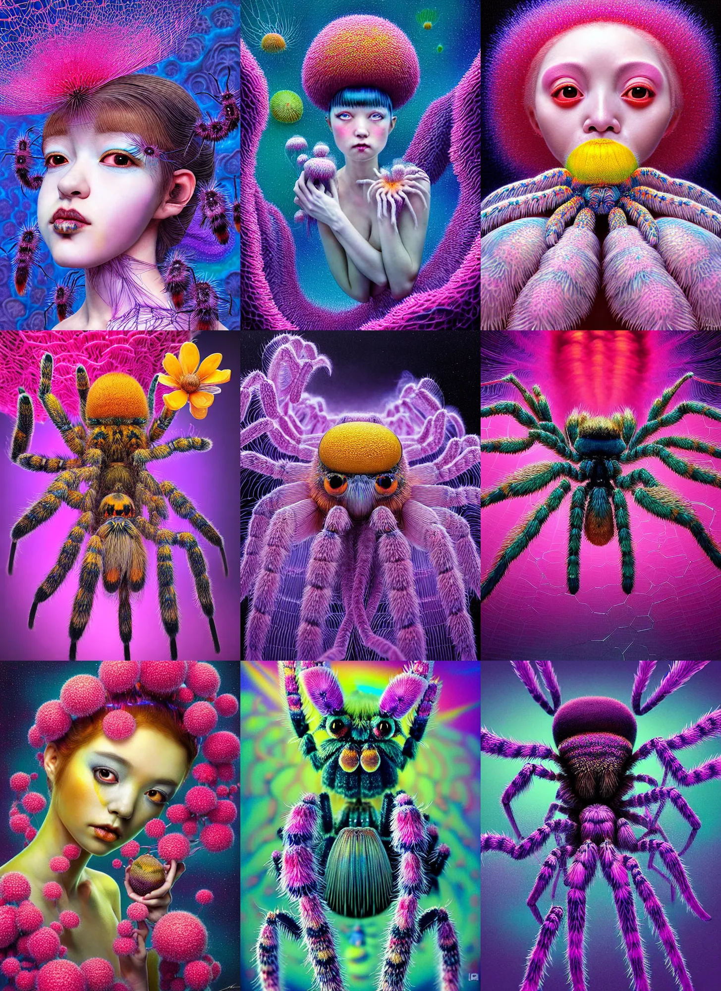 Prompt: hyper detailed 3d render like a Oil painting - kawaii portrait Aurora (a tarantula headed flapper-girl from the future) seen Eating of the Strangling network of yellowcake aerochrome and milky Fruit and Her delicate pedipalps hold of gossamer polyp blossoms bring iridescent fungal flowers whose spores black the foolish stars by Jacek Yerka, Ilya Kuvshinov, Glenn Barr, Mariusz Lewandowski, Houdini algorithmic generative render, Abstract brush strokes, Masterpiece, Edward Hopper and James Gilleard, Zdzislaw Beksinski, Mark Ryden, Wolfgang Lettl, hints of Yayoi Kasuma, octane render, 8k