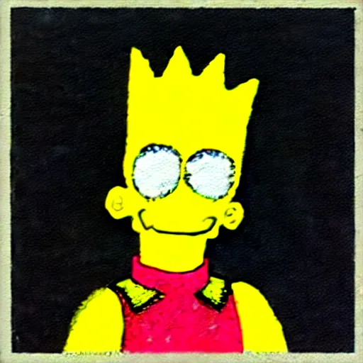 Prompt: painting on a badge!!!!, photo of a bart simpson, punks not dead!!!!, exploited!!, clash, junk yard, rats!!, god save the queen!!!, punk rock album cover art style, grunge, no future!!!!