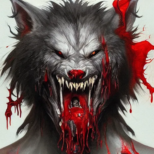 Image similar to Dark Fantasy Painting of a werewolf with blood dripping from its mouth, creepy, unsettling, horror, upper body, intricate, wild, highly detailed, digital painting, artstation, concept art, smooth, sharp focus, illustration, art by artgerm and greg rutkowski and alphonse mucha