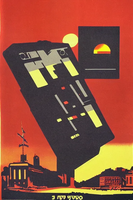 Image similar to soviet propaganda poster of a sound synthesizer in the sunset