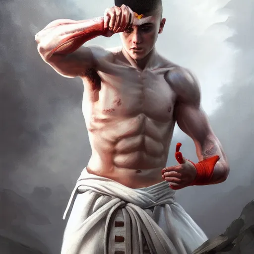 Image similar to A detailed matte oil on canvas painting of a young white male martial artist monk, orchid arm tattoos, fight stance by greg rutkowski and Charlie bowater, trending on artstationhd, dungeons and dragons art