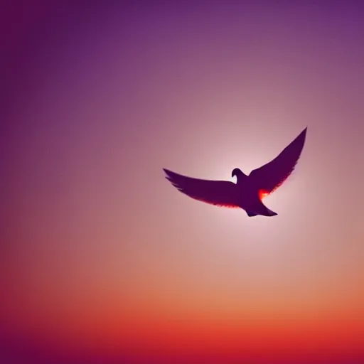 Image similar to Realistic shot of a glowing dove flying over the clouds at sunset, ethereal, vintage photograph, film grain, surreal, awe-inspiring, highly detailed