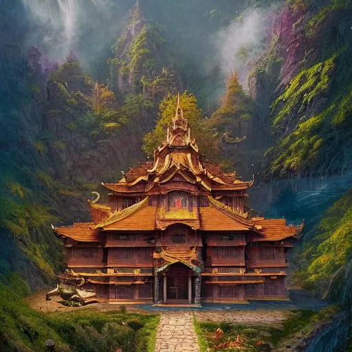 Image similar to A beautiful hyper realistic detailed matte painting of a dragon shaped temple nestled in forest mountains by John Howe and Albert Bierstadt and Alena Aenami and dan mumford and dave noton, unreal engine, trending on behance