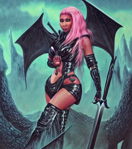 Image similar to 1 9 8 0 s fantasy novel book cover, nicki minaj in bikini armor wielding a cartoonishly large sword, exaggerated body features, dark and smoky background, menacing dragon within the shadows, low quality print
