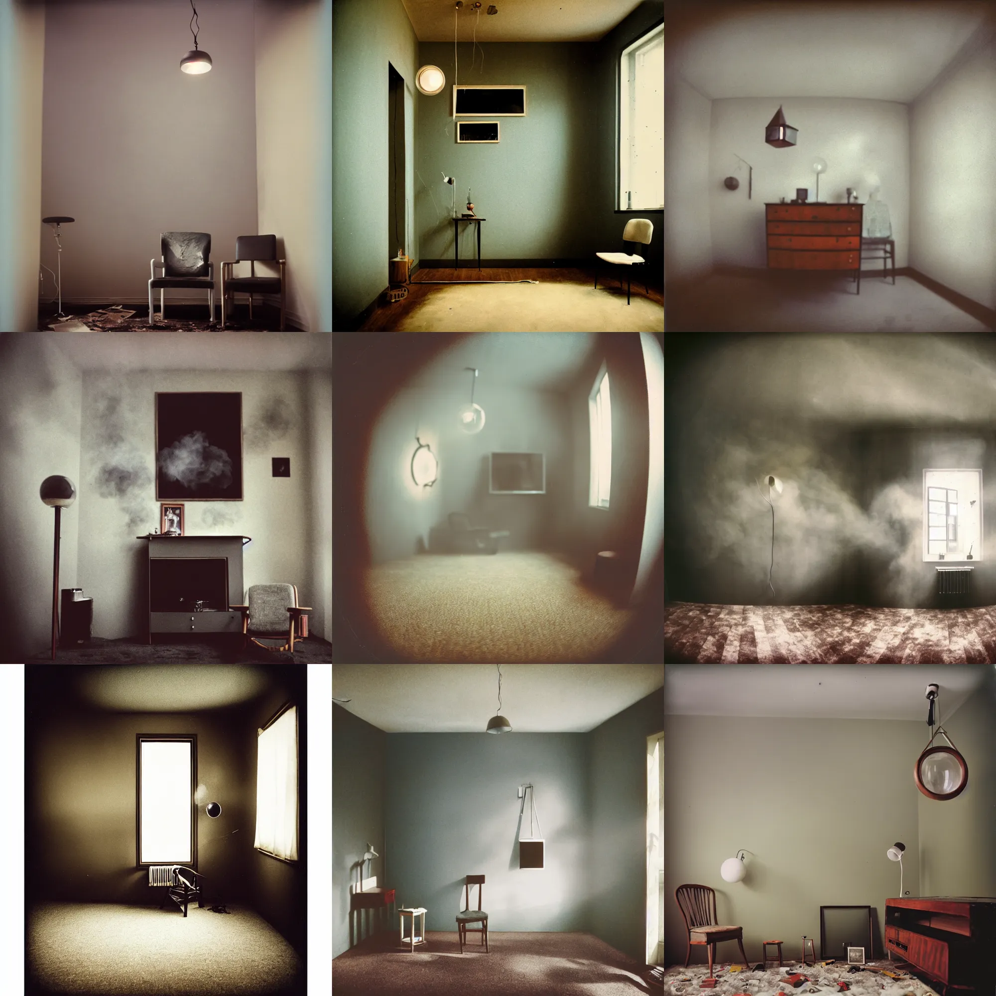 Prompt: kodak portra 4 0 0, wetplate, 8 mm extreme fisheye, award - winning portrait by britt marling of a hall in bauhaus style, picture frames, shining lamps, dust, smoke bauhaus furniture, wallpaper, carpet, interior, muted colours, fog