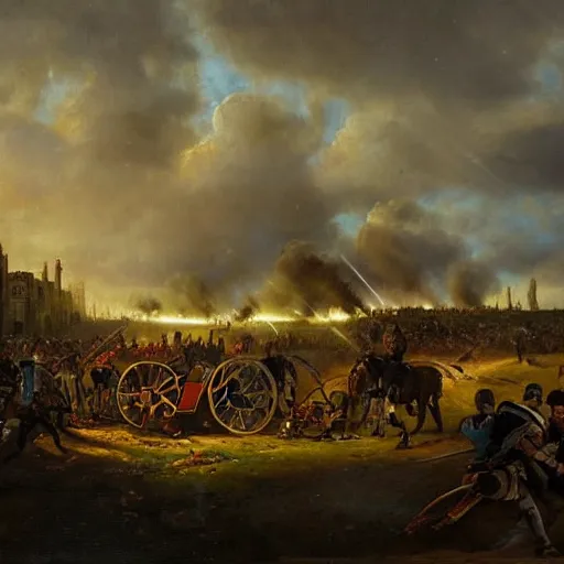 Image similar to Highly detailed and cinematic romantic period oil painting of the battle of Waterloo, with a detailed and realistic tardis from dr who, strong atmosphere, oil painting masterpiece by Josep Tapiró Baró, dynamic lighting, 8K