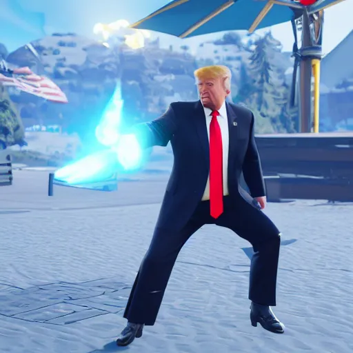 Image similar to Donald trump in Fortnite game, realistic artstyle, wide shot, dramatic lighting, octane render, hyperrealistic, high quality, highly detailed, HD, beautiful, cinematic, 8k, unreal engine, facial accuracy, symmetrical