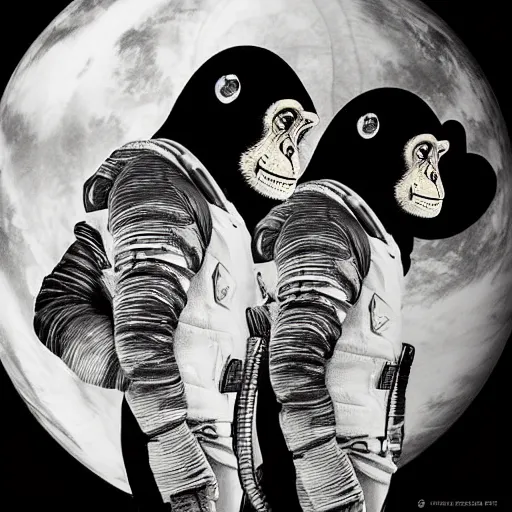 Image similar to double exposure portrait of a astronaut and chimpanzee posing, pencil art, high definition, dynamic lighting