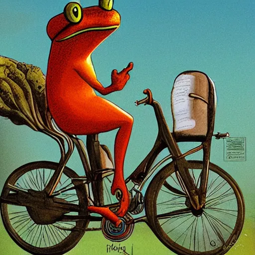 Prompt: book illustration of a frog riding a bike, surrealism