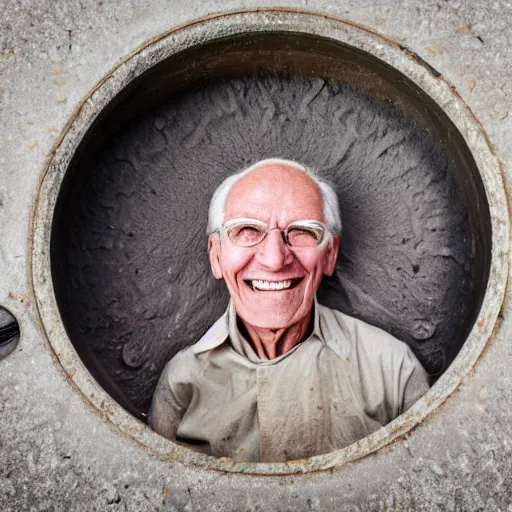 Image similar to a smiling old man in a sewage pipe