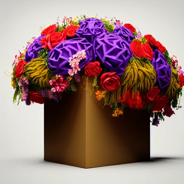 Image similar to bizarre surreal renaissance portrait of tom cruise as a box made out various flowers, dramatic cinematic lighting, bold colors, 8 k, beautiful intricate painting, hyper realistic, octane render