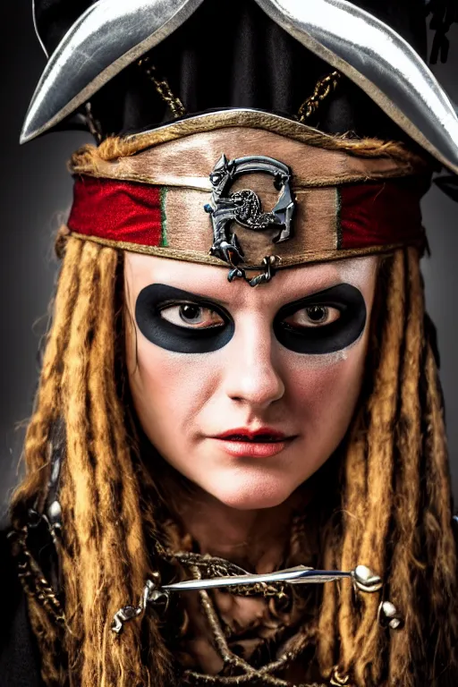 Image similar to medieval female pirate, designed by gucci, luxury materials, symmetrical, cinematic, elegant, professional studio light, real dlsr photography, sharp focus, 4 k, ultra hd, sense of awe, medieval high fashion