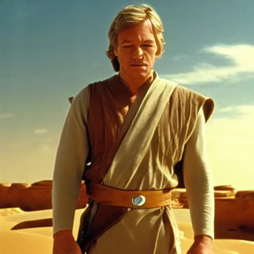 Prompt: patrick stewart with wavy blond hair as luke skywalker on tatooine